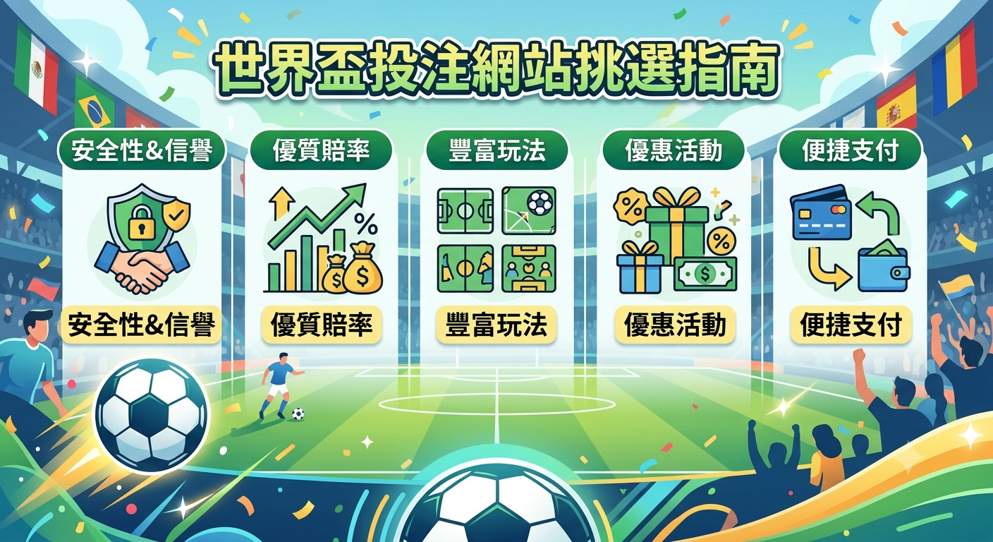 這張圖片展示了以足球場為背景的「世界盃投注網站挑選指南」主題海報。 圖中上方呈現醒目的標題，下方則以五個分類圖示列舉了挑選網站的關鍵評估指標。