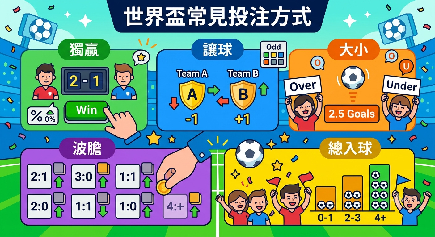這張圖片以「世界盃常見投注方式」為標題，詳細介紹了獨贏、讓球、大小、波膽及總入球等五種足球投注類型。 透過活潑的卡通圖示與賽場背景，清晰呈現了各類玩法的概念與數據，幫助觀眾快速理解投注規則。