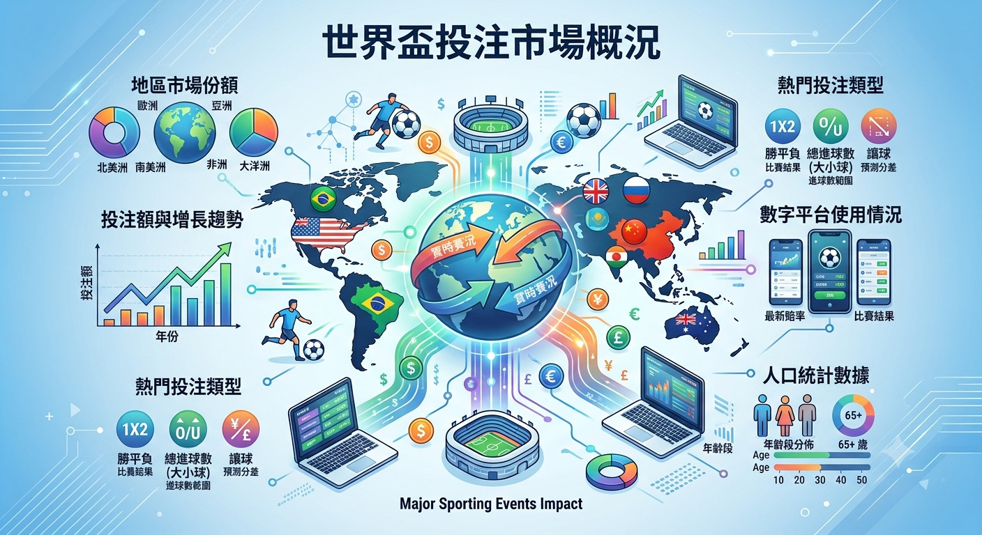 這張圖片呈現了世界盃投注市場的概況，透過圖表與數據展示了各地區份額、熱門投注類型及數位平台的使用趨勢。 整體設計以全球地圖為核心，結合各項統計數據，直觀地描繪出重大體育賽事對投注市場的影響。