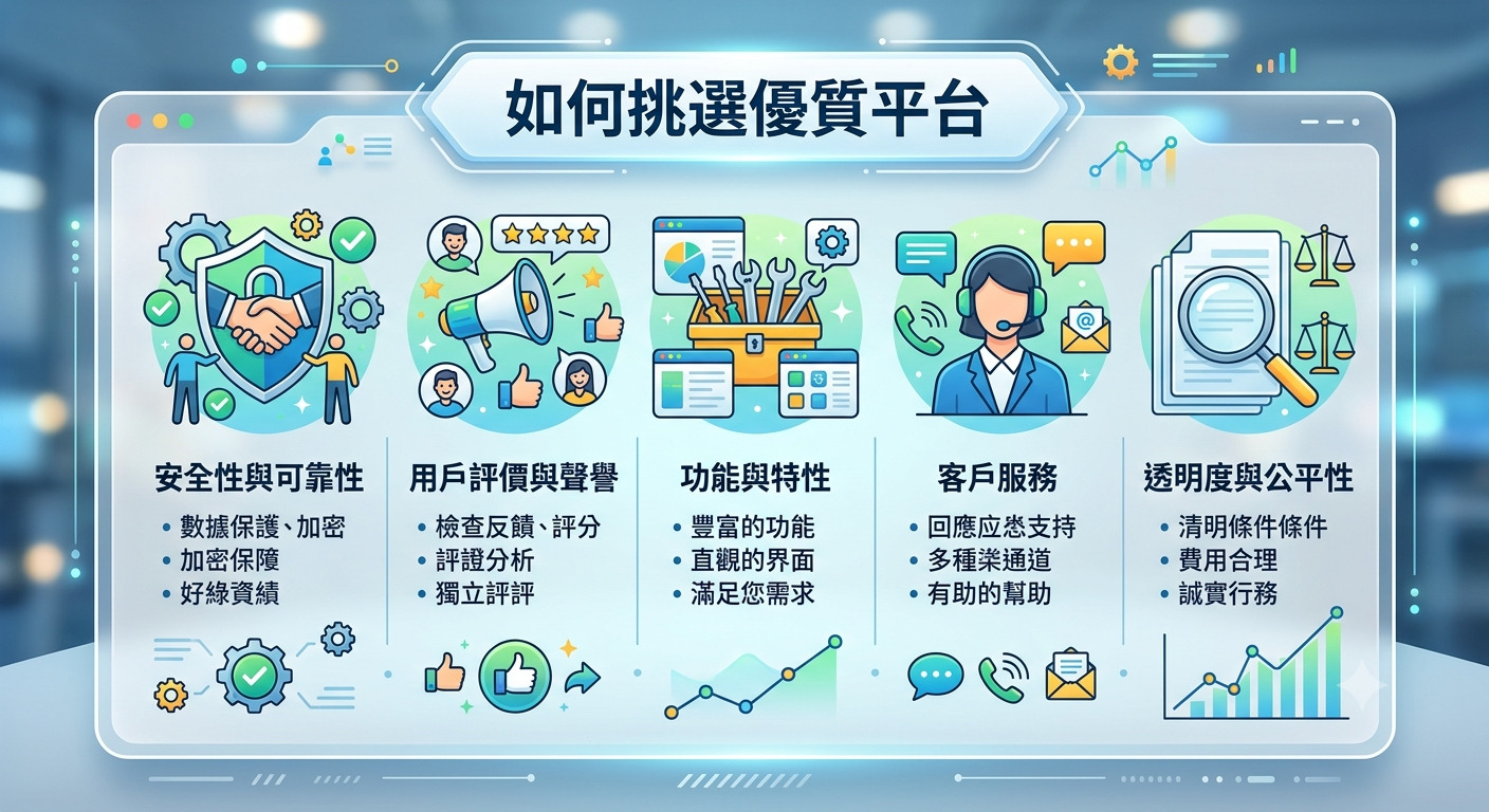 這張圖片呈現了挑選優質平台的關鍵指南，以簡潔明瞭的圖標與標題清晰呈現核心建議。 透過五大重點領域的視覺化分析，協助用戶評估平台的安全性、評價、功能、客戶服務以及透明度。